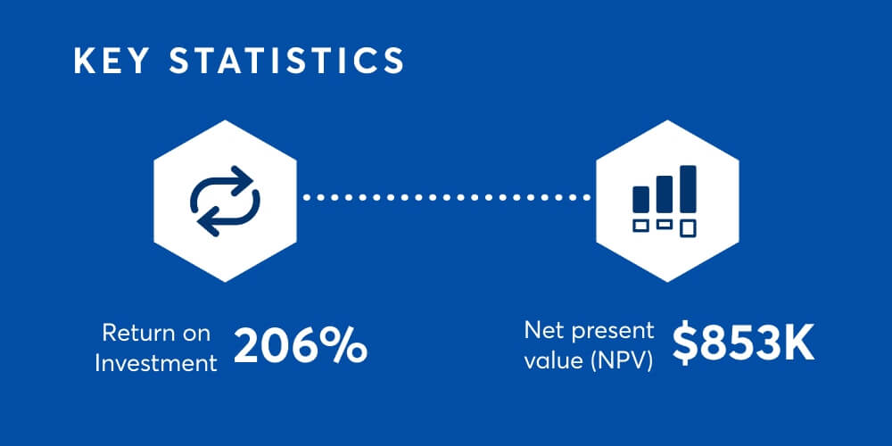 Key statistics include a 206% return on investment and an 853K net present value(NVP).