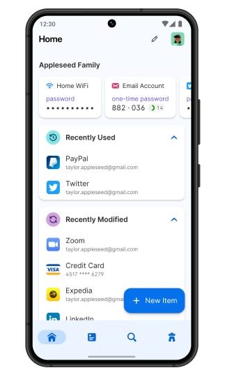Android手机显示有固定字段的1Password主屏幕，包括电子邮件帐户的一次性密码和家庭Wi-Fi密码，以及“最近使用”和“近期更改”区域。 Android平板在背景中居中，在中间一栏中显示所有类别的所有项目，在右侧一栏中显示PayPal.com的详细视图。