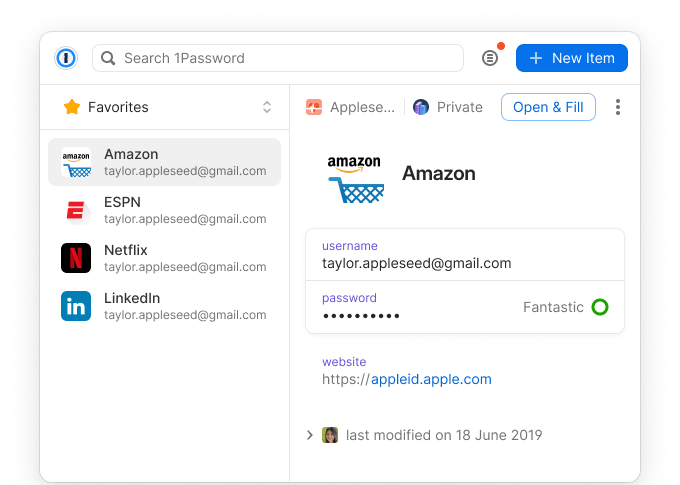 1Password browser extension displaying a list of favorited items to the left, with the highlighted item, a login for Amazon.com, displayed in the item detail view to the right and a search field and new item button at the top
