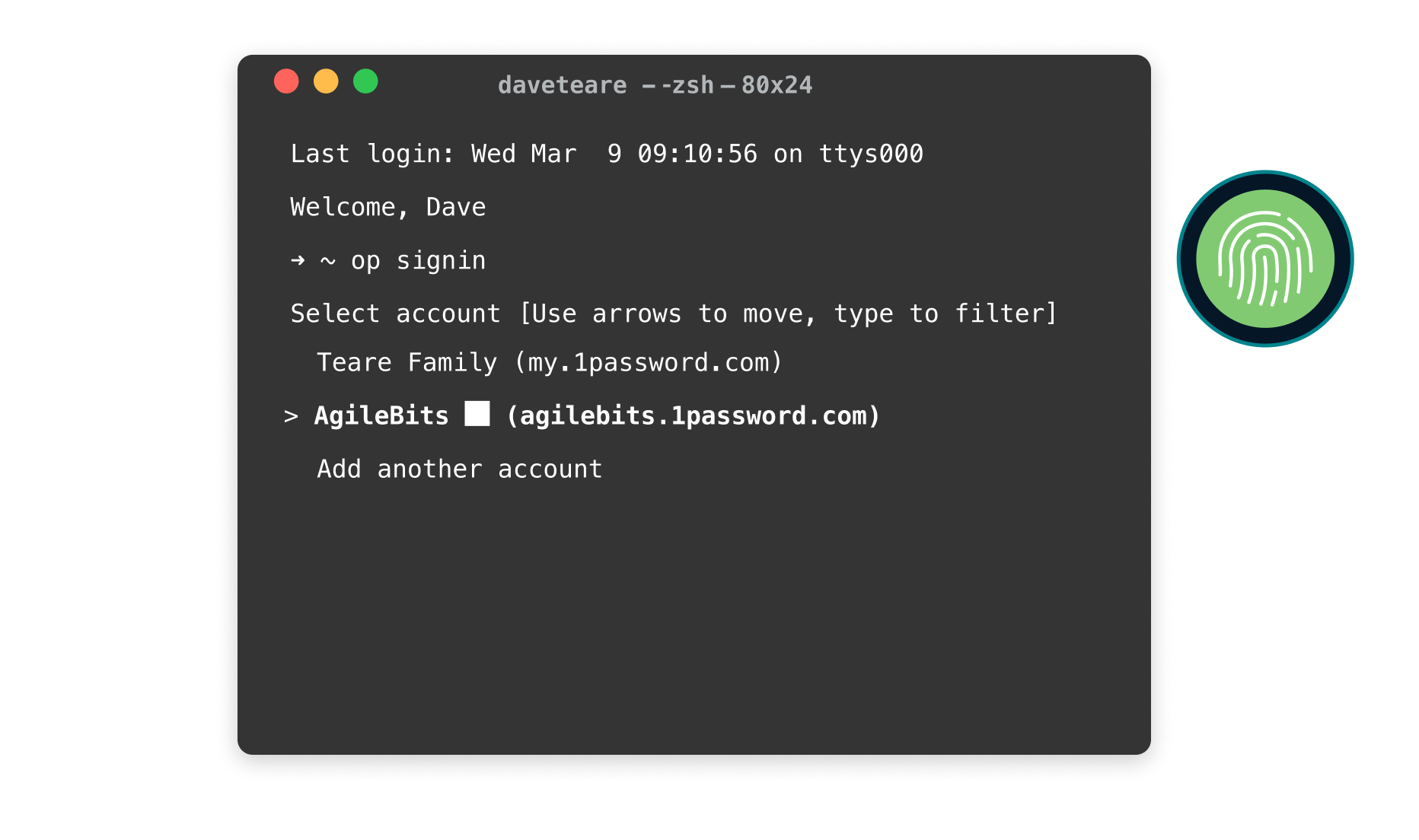 青背景にMacのターミナルウィンドウの上半分。 ターミナルにコードが表示され、ログインの詳細と1Password CLIのウェルカムメッセージが表示されています。 ターミナルウィンドウのすぐ外側に緑色のTouch IDのイラストがあり、白い線で結ばれ、Touch IDで1Password CLIにログインできることを示しています。