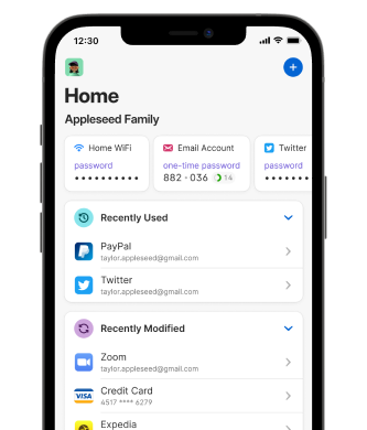 iPhone显示有固定字段的1Password主屏幕，包括电子邮件帐户的一次性密码和家庭Wi-Fi密码，以及“最近使用”和“近期更改”区域。 iPad在背景中居中，在中间一栏中显示所有类别的所有项目，在右侧一栏中显示PayPal.com的详细项目视图。