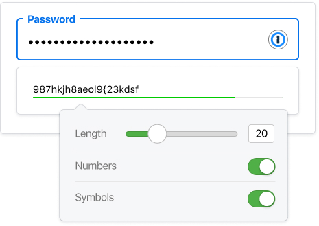 Screenshot of 1password’s simple password generator tool showing a dropdown to customize length, numbers, and symbols