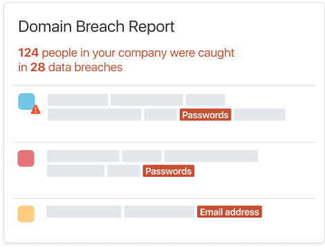 Screenshot of the 1password domain breach report dashboard showing a data breach warning in red text