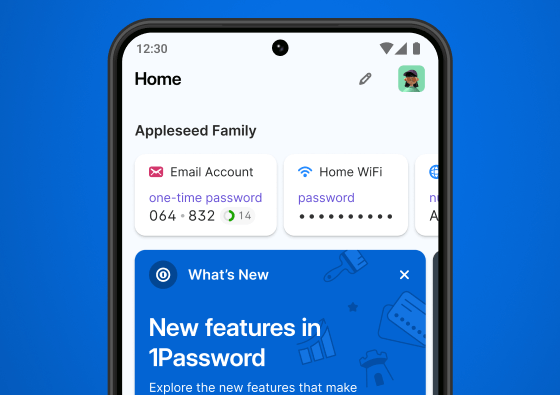 맨 위에 고정된 항목과 함께 1Password 홈 화면이 표시되어 있는 확대된 Android 휴대폰, “이메일 계정,” “집 WiFi” 및 “여권”이 포함되어 있고, “1Password의 새로운 기능” 배너가 그 아래에 표시됨.