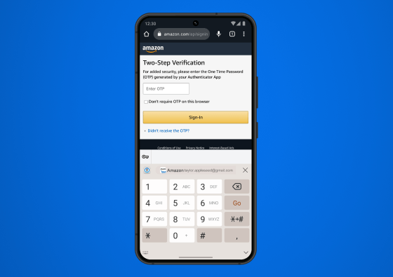 Zoomed-in Android phone with a web browser pointed to amazon.com and a two-step verification page displayed. The 1Password icon is visible just above the keyboard, next to an inline login suggestion allowing for one-tap completion of the “Enter OTP” field on the page.