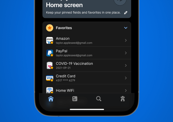 Bottom half of an iPhone displaying 1Password in dark mode with one-tap navigation to the home screen, all items, search, and Watchtower sections at the bottom of the screen.