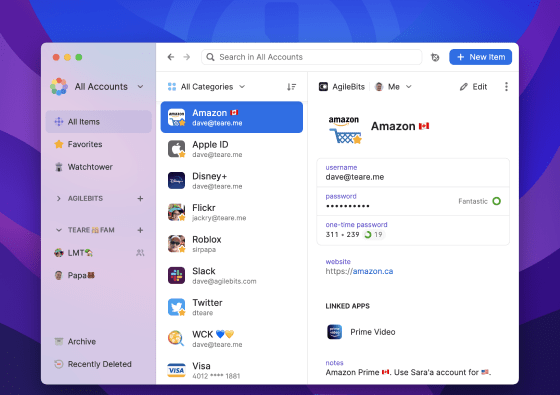 Mac 版本的 1Password 8 中选择了菜单中的所有项目以及 Amazon 项目。