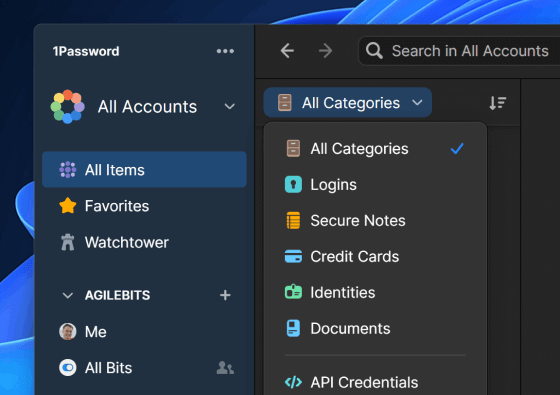 1Password 8 para Mac en modo oscuro con todos los elementos seleccionados en el menú y el menú desplegable de Categorías abierto con todas las categorías seleccionadas.