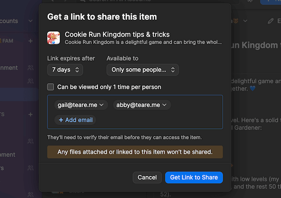 Um aviso com a opção de criar um link seguro para compartilhar um item do 1Password, com a opção de selecionar a data de expiração e quem pode ver o item.