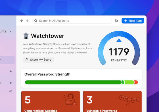 1Password 8 pour Mac avec Watchtower sélectionné dans le menu, affichant le tableau de bord Watchtower mettant en évidence le score de sécurité Watchtower, le niveau de sécurité global du mot de passe, et les notifications pour les sites web compromis et les mots de passe vulnérables.