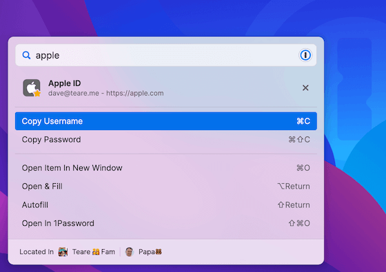 Fenêtre d'accès rapide de 1Password affichant « apple » dans le champ de recherche, avec les détails de connexion de l'élément Apple ID correspondant dans 1Password visibles et disponibles pour être copiés dans le presse-papiers individuellement