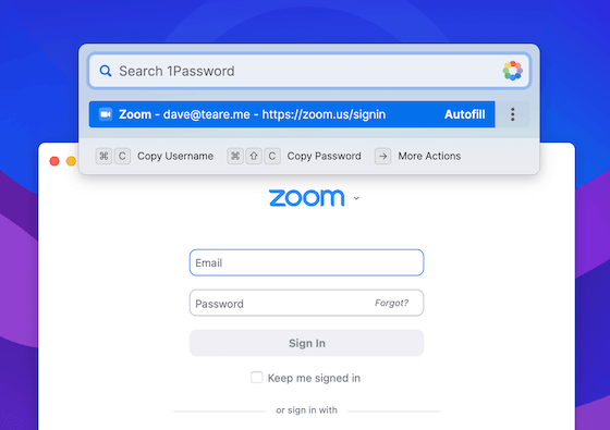 1Password 快速访问窗口突出显示 Zoom 项目，背景是 Zoom for Mac 应用程序的登录界面。