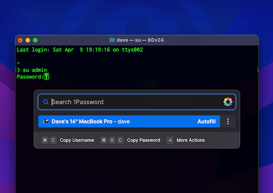 Mac 版 1Password 8 和一個終端視窗，終端顯示輸入密碼的命令。