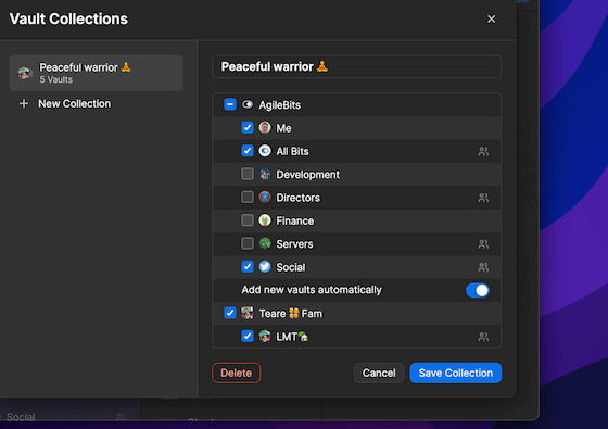 La fenêtre Collections de coffres ouverte pour afficher l'option de créer une nouvelle collection à partir d'une liste de coffres existants.
