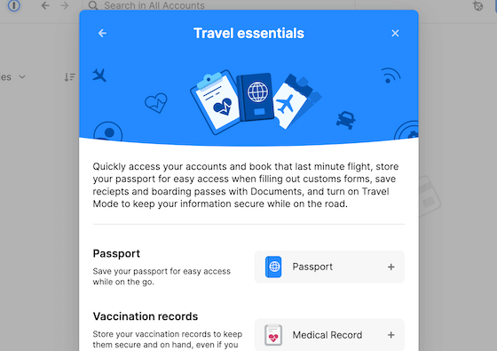 Il catalogo degli elementi aperto su Travel Essentials, con la possibilità di aggiungere passaporto e cartelle cliniche su 1Password.