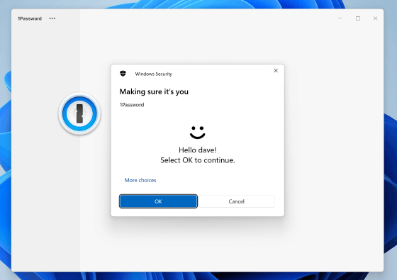 1Password 8 for Windows with a Windows Security prompt message confirming identity through passwordless authentication.