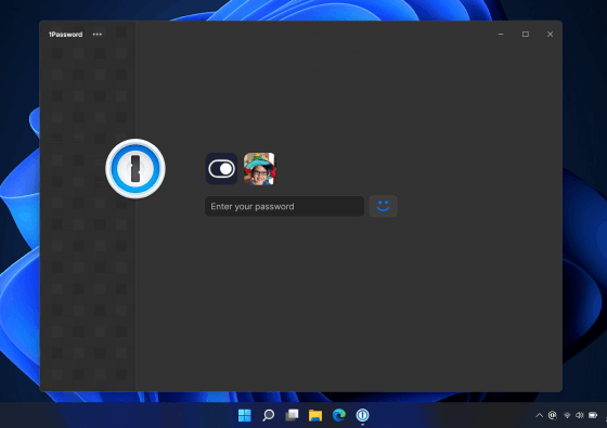 1Password 8 for Windows in dark mode open at the login screen with the prompt to enter your password.