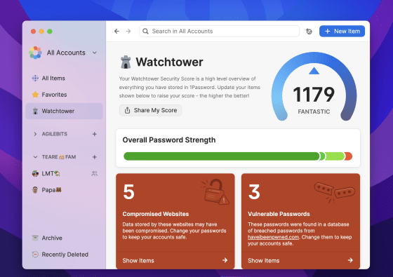 1Password 8 for Mac with Watchtower selected from the menu, showing the Watchtower dashboard highlighting the Watchtower security score, overall password strength, and notifications for compromised websites and vulnerable passwords.